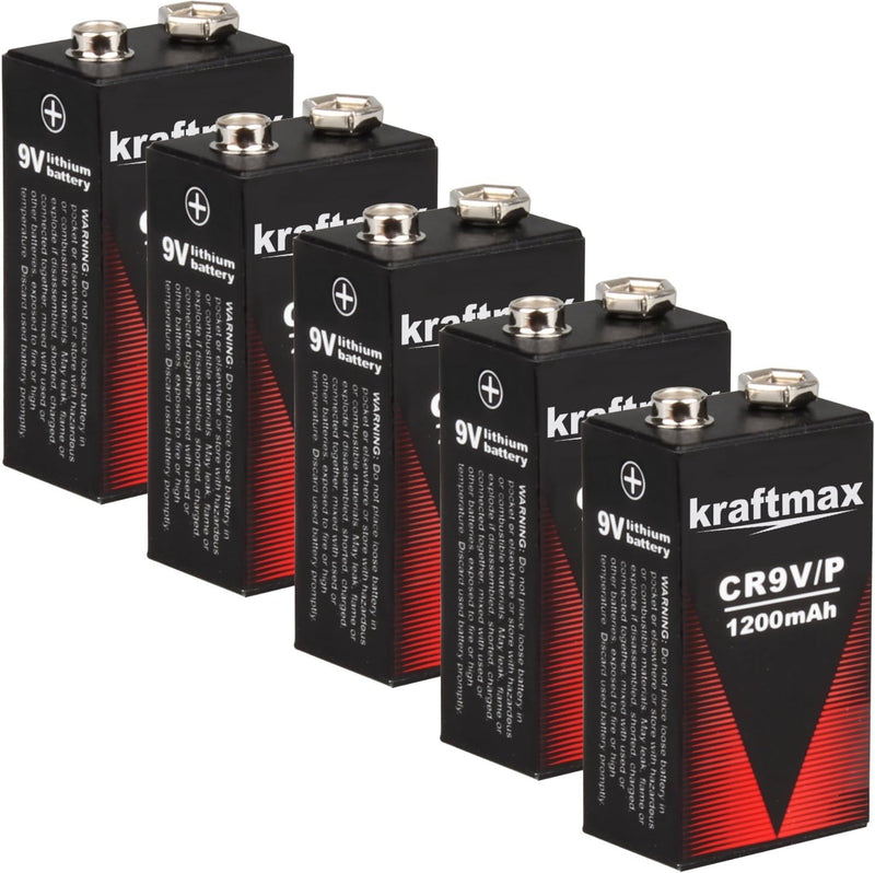 kraftmax 5X 9V Block Lithium Hochleistungs- Longlife Batterien für Rauchmelder/Feuermelder - 10 Jahr