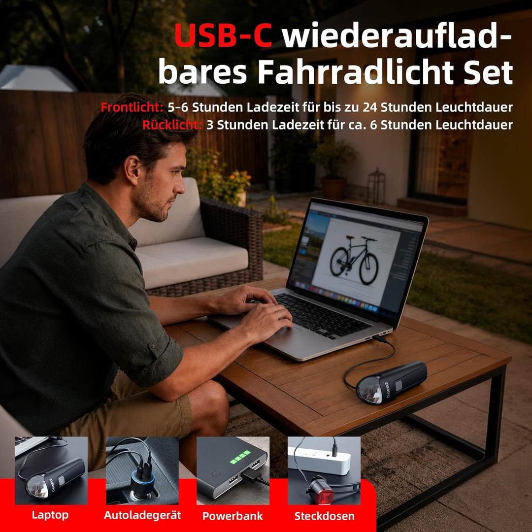 Fahrradlicht Set StVZO-konform, Fahrradbeleuchtung vorne und hinten, USB-C wiederaufladbare IPX4 Spr