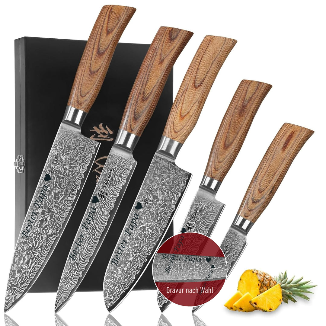 Wakoli EDIB Pro Damastmesser Set mit Gravur – Personalisiertes 5er Messerset, 20cm, 17cm, 16cm, 11cm