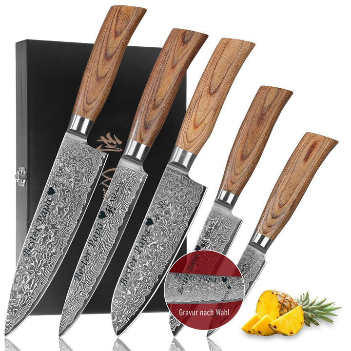 Wakoli EDIB Pro Damastmesser Set mit Gravur – Personalisiertes 5er Messerset, 20cm, 17cm, 16cm, 11cm