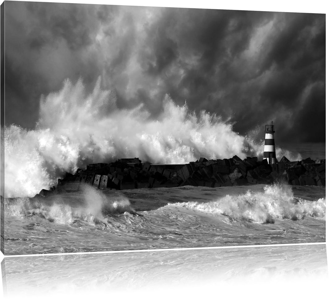 Pixxprint Tobendes Meer mit Leuchtturm als Leinwandbild/Grösse: 100x70 cm/Wandbild/Kunstdruck/fertig