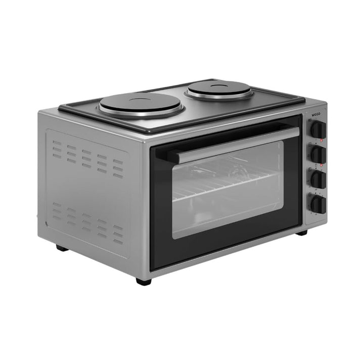 Wiggo Miniofen mit Kochplatte - 2000W, 45 Liter, Vielseitige 6-in-1 Funktionen: Ober-/Unterhitze, Um