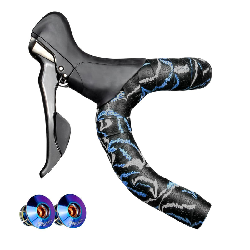 GORIX Lenkerband Lenker Grip Wrap + 2 Lenkerstopfen Rennrad Mountainbike Radfahren (GX-Marble) (Blau