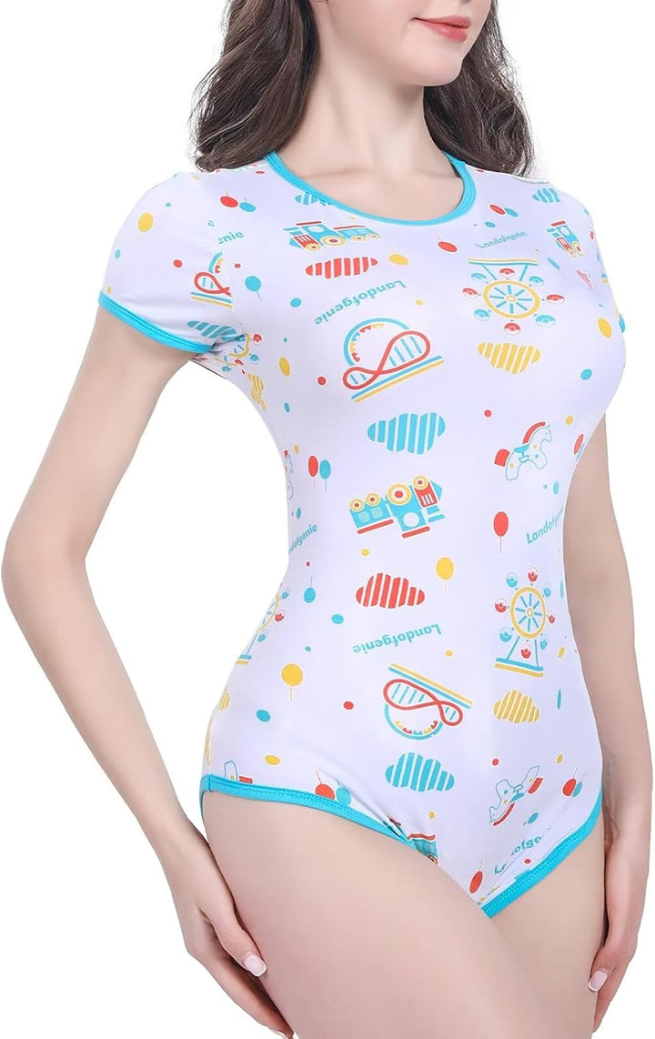 Landofgenie Damen Bodysuit Baumwolle Onesie Nette Print Pyjamas Nachtwäsche Blau Vergnügungspark Bla