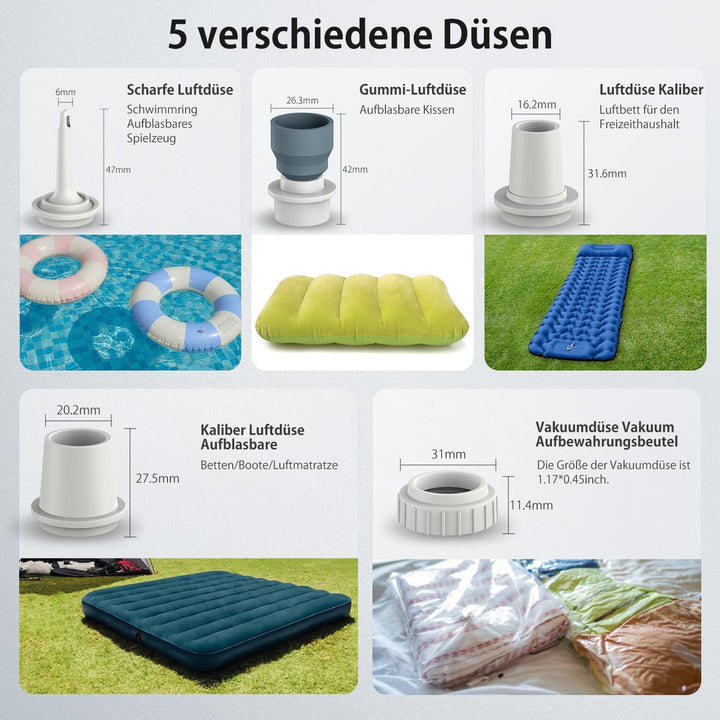 Anngrowy Mini- Elektrische Luftpumpe, Akku Luftpumpe mit Schnellauf- und Ablassfunktion, 5 Luftdüsen