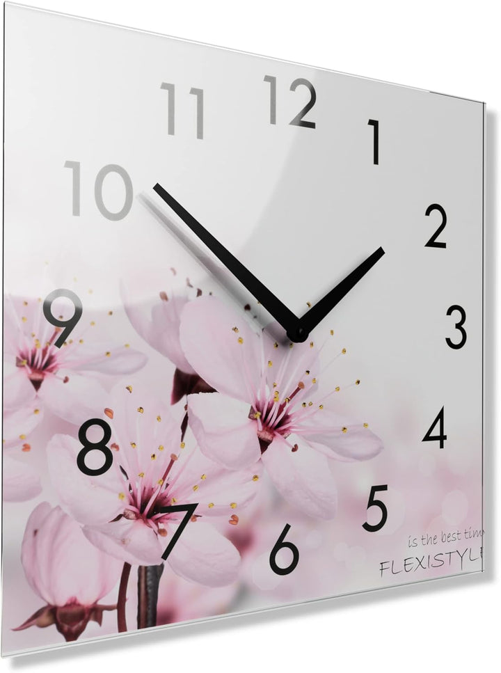 FLEXISTYLE Wanduhr küche Wohnzimmer 30 x 30 cm, aus Glas, mit Direktdruck eckig modern (BLÜHENDE Blu