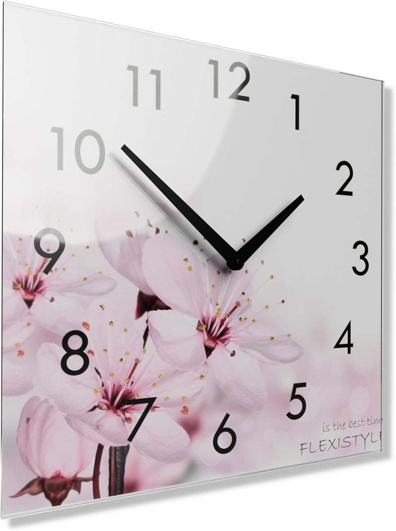 FLEXISTYLE Wanduhr küche Wohnzimmer 30 x 30 cm, aus Glas, mit Direktdruck eckig modern (BLÜHENDE Blu