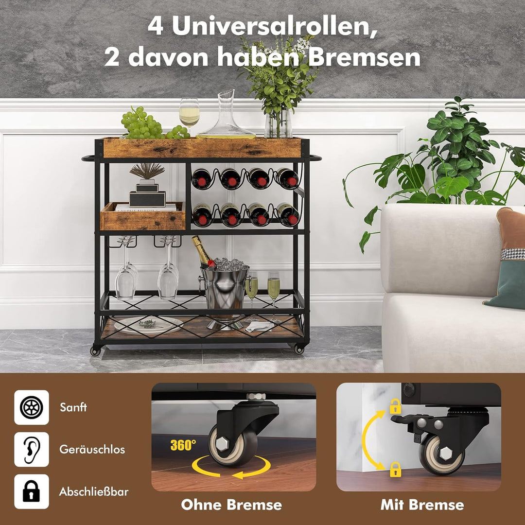 COSTWAY 3 Ebenen Servierwagen mit abnehmbarem Tablett, Küchenwagen mit 2 Reihen Glashalter und 8 Wei