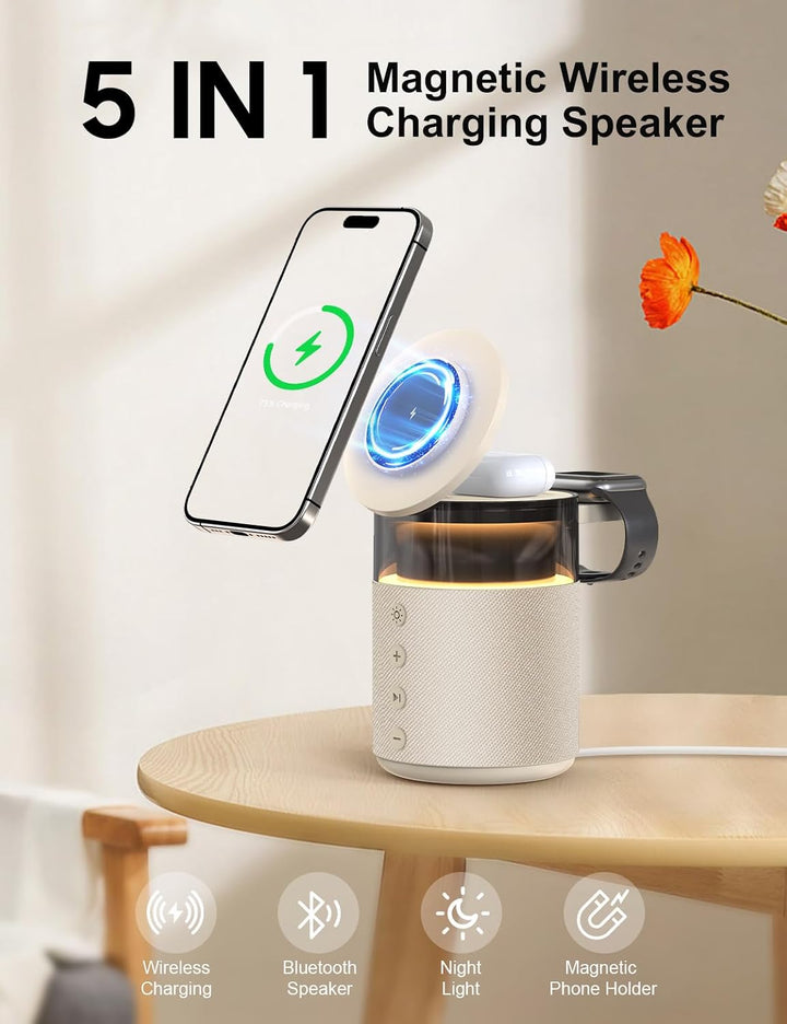3-in-1 Bluetooth-Lautsprecher mit Nachtlicht und kabellosem Ladegerät, dimmbare Nachttischlampe mit