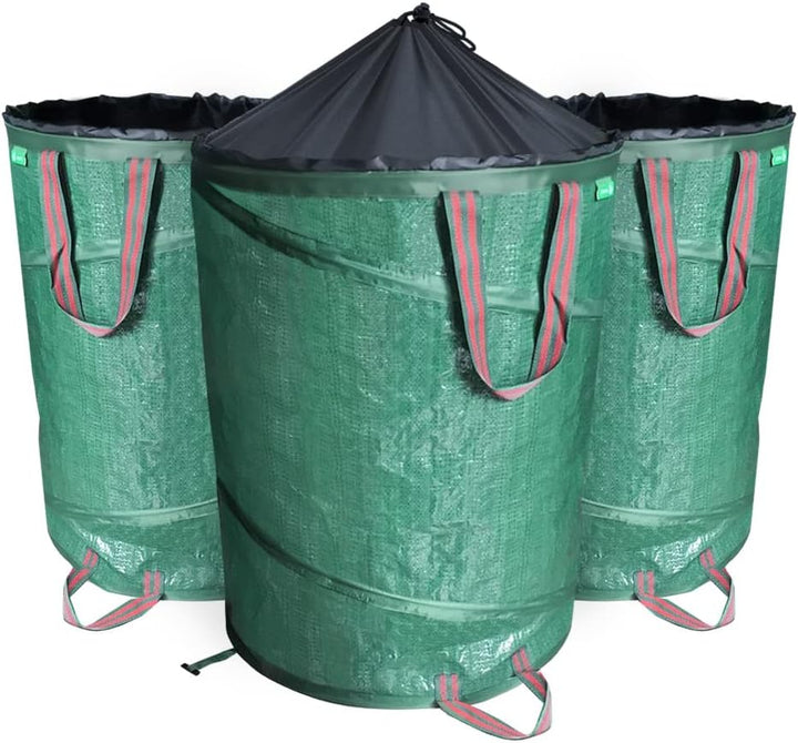 VOUNOT Pop Up Gartensack mit Griffen und Kordelzugverschluss 3er Set 100 L, Faltbarer Laubsack Selbs