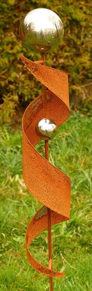 Gartendeko Rost Eisen Stab mit 2 Edelstahlkugeln Glanz Gartenstatuen
