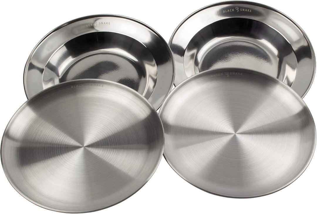 Black Snake® Camping Teller Set 2 flach & 2 tief - Edelstahl Essteller - robustes Outdoor Geschirr f