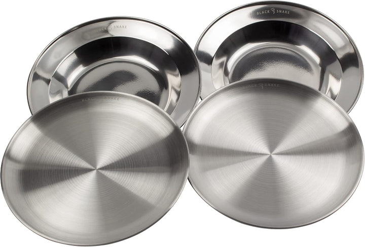 Black Snake® Camping Teller Set 2 flach & 2 tief - Edelstahl Essteller - robustes Outdoor Geschirr f