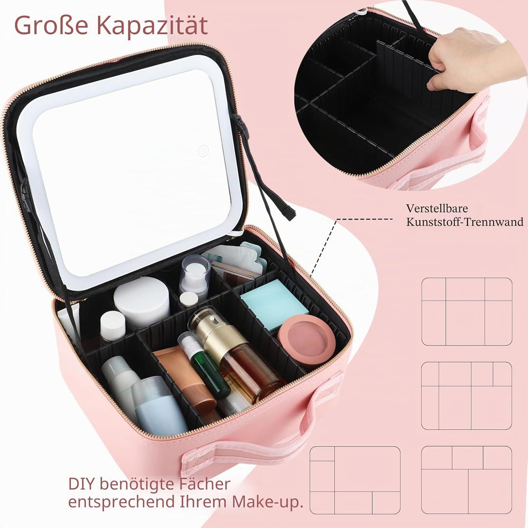 Kosmetiktasche mit LED Beleuchtung Licht, Make up Tasche Koffer Verstauen für Reisen, Kosmetikkoffer