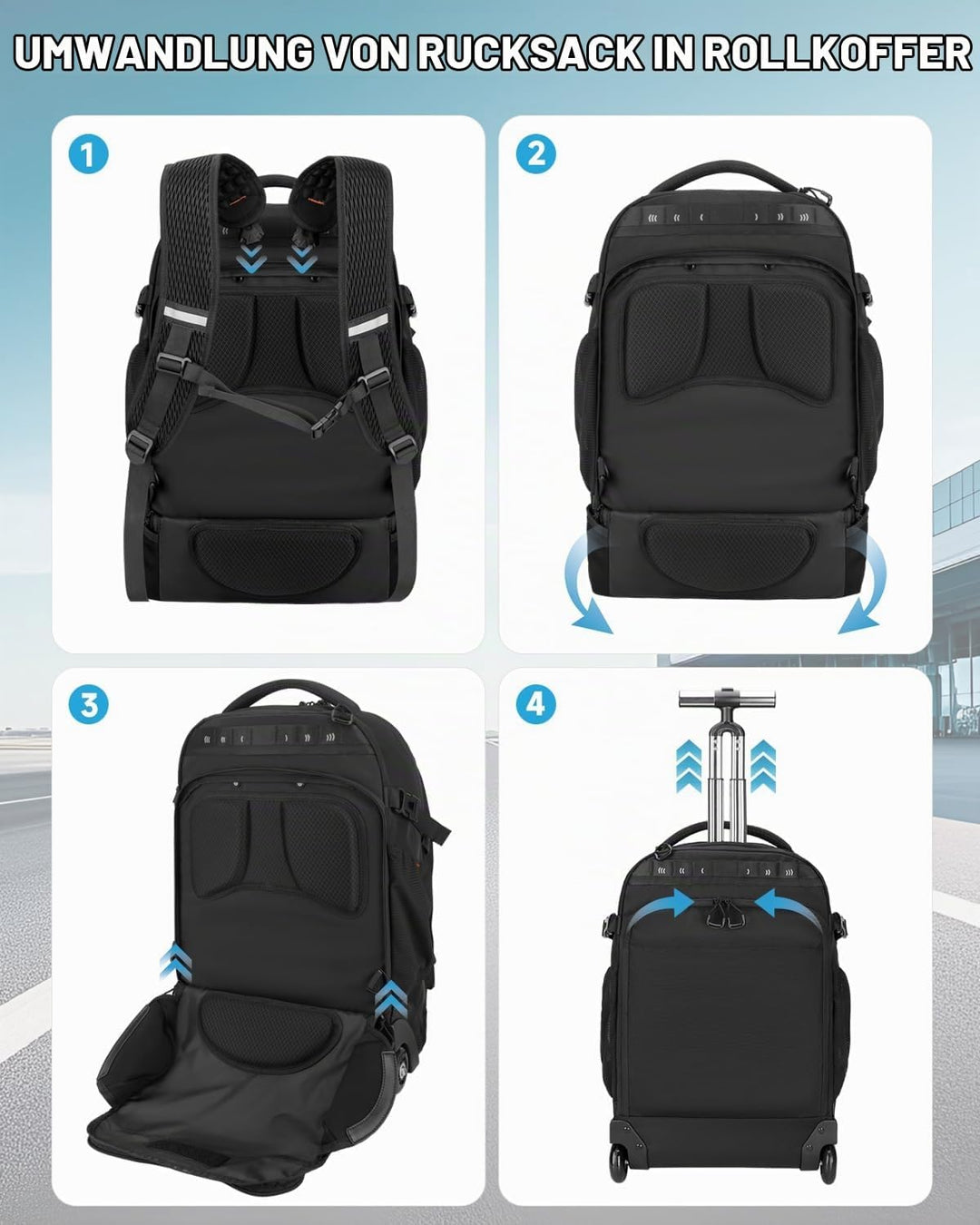 Rucksack mit Rollen 2 in 1 Abnehmbarer Rollrucksack Handgepäck– Wasserabweisend Rucksack Trolley mit