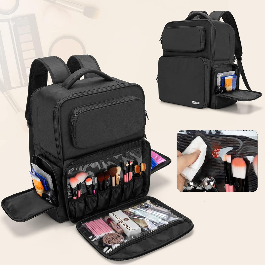 BAFASO Grosser Make-up-Rucksack, Kosmetiktasche mit Laptoptasche, Make-up-Tasche, Schwarz, Schwarz