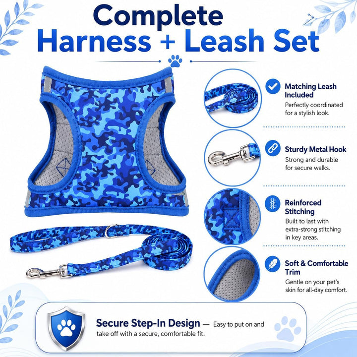 Moonpet Step in Air Hundegeschirr Leine Set – Reflektierendes Blumenmuster gepolsterte Netzweste Ges
