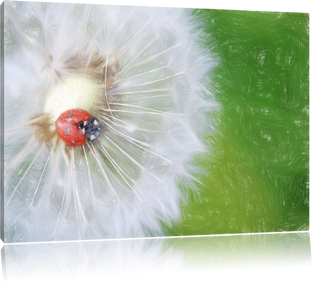 Pixxprint Marienkäfer auf einem Löwenzahn als Leinwandbild/Grösse: 100x70 cm/Wandbild/Kunstdruck/fer