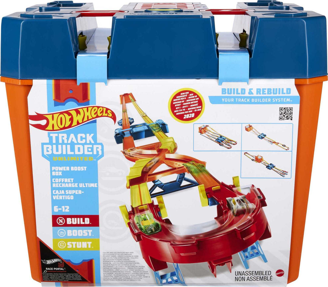 Hot Wheels GNJ01 Track Builder Unlimited Power Boost Box, mit 6 Metern Trackset und Zubehör inkl. 2