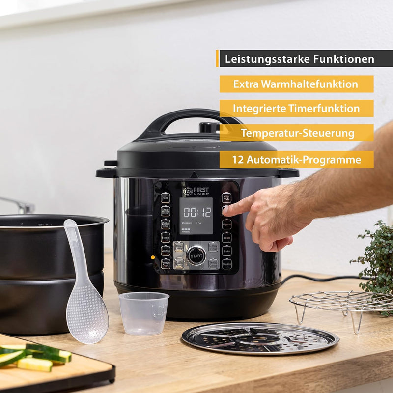 TZS First Austria Druckkochtopf elektrisch 6L | Multikocher | 12 Programme Schnellkochtopf | Reiskoc