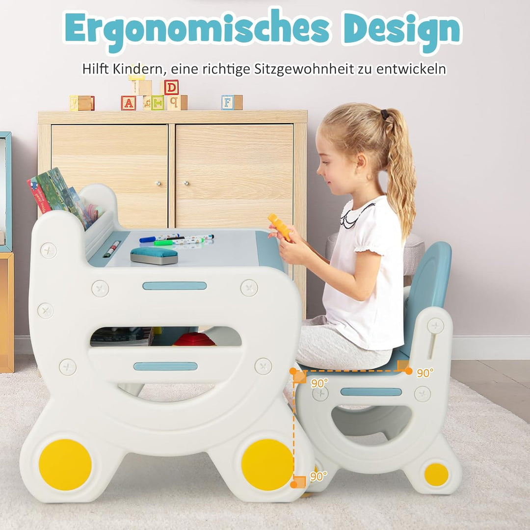 COSTWAY Kinder Sitzgruppe mit höhen- und neigungsverstellbarer Tischplatte, Kinder Tisch mit Hocker,