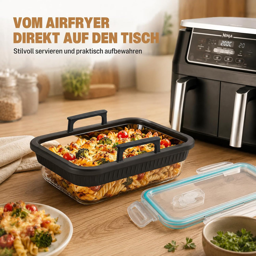 ZYNERY Glas-Auflaufform für Heissluftfritteuse mit Silikongriffen, Heissluftfritteusen-Zubehör mit D