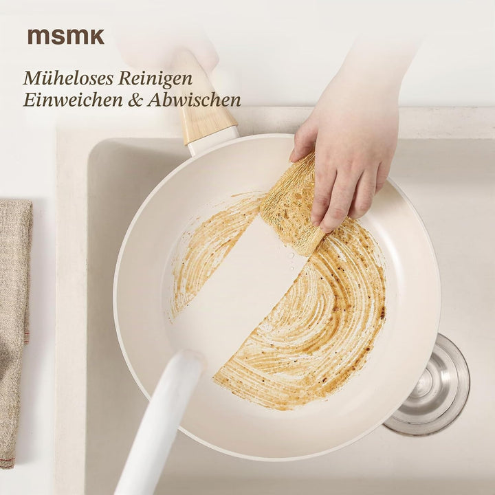 MSMK 28cm Keramik-Antihaft-Bratpfanne mit Deckel und weissem Schlitzwender, Holzmaserungsgriff, PFOA