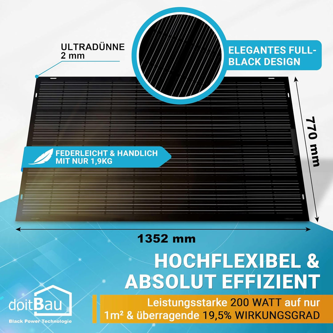 doitBau flexibles Solarmodul 200 W Full-Black mit Rückbox – ultradünn 2 mm, 1,9 kg – 1352 × 770 mm f