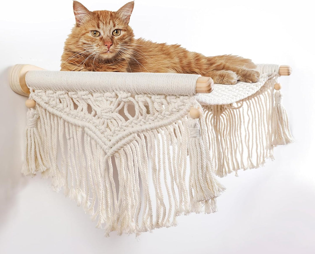 Makramee-Katzen-Wandregal & Hängematte - Gemütliche Katzenbetten mit Fensterplatz für Indoor-Spass,