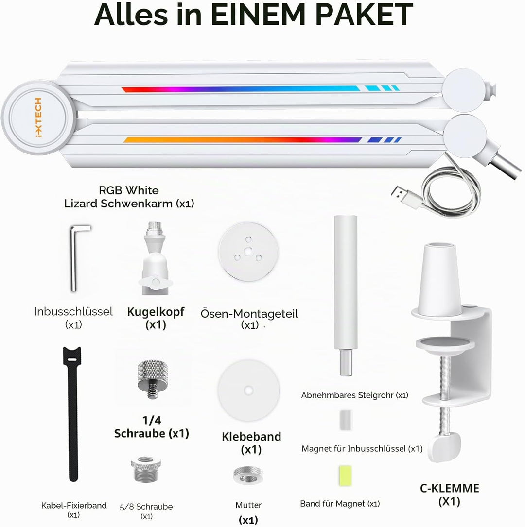 IXTECH RGB Mic Boom Arm High Profile, Overhead Boom Arm Mikrofonständer Schreibtischhalterung, verst