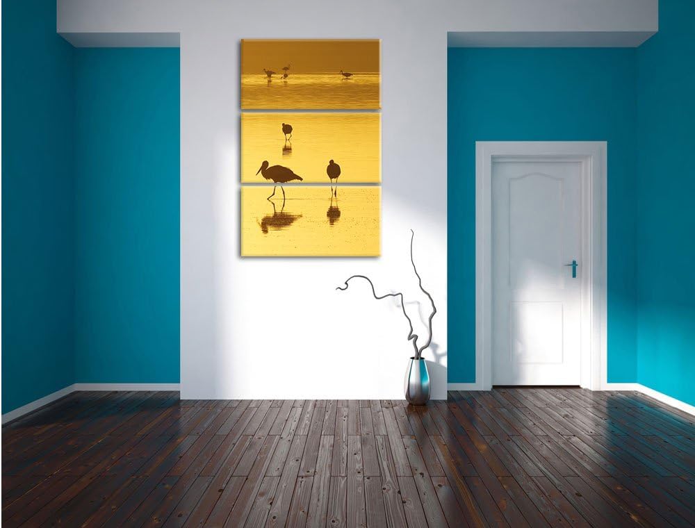 Pixxprint Störche im Wasser als Leinwandbild/Grösse: 3 Teilig (120x80) cm/Wandbild/Kunstdruck/fertig