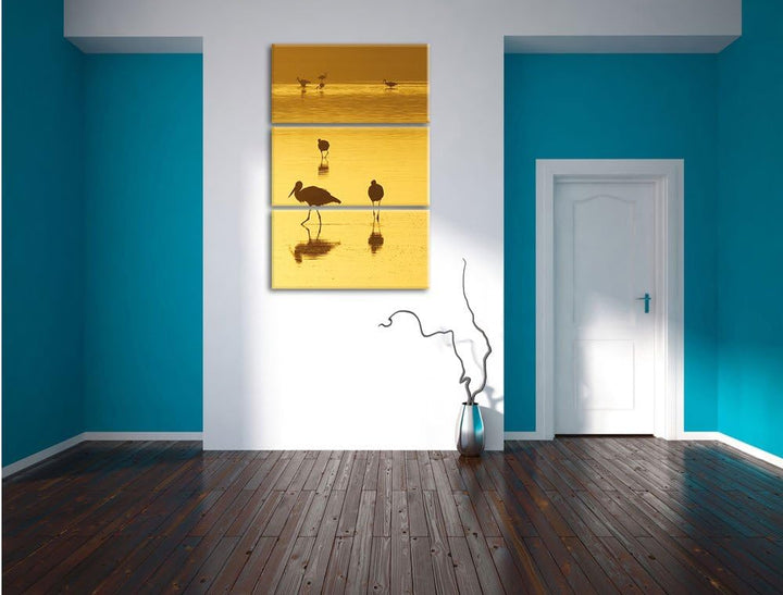 Pixxprint Störche im Wasser als Leinwandbild/Grösse: 3 Teilig (120x80) cm/Wandbild/Kunstdruck/fertig