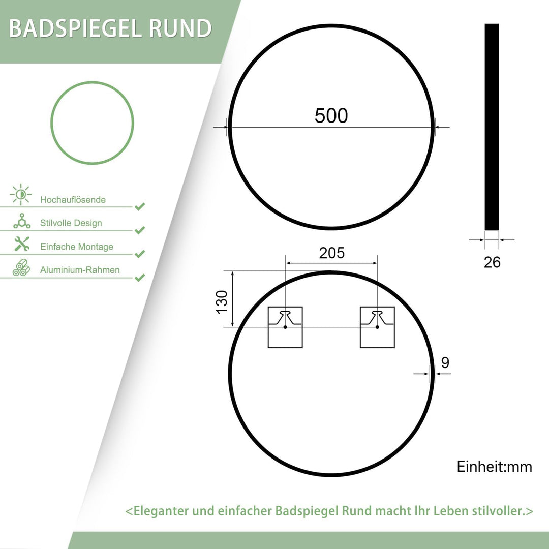 Dekorative Wandspiegel 50cm, Spiegel rund, Badezimmerspiegel, für Wohnzimmer, Schlafzimmer, Bad, Flu