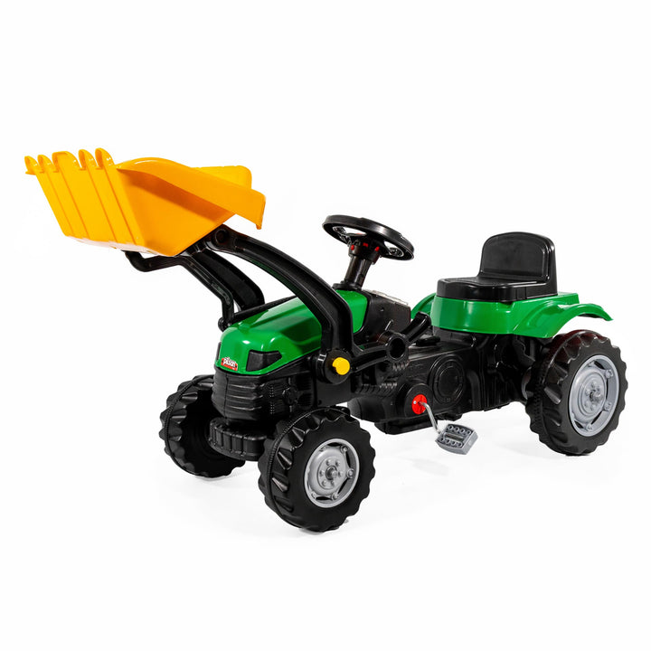 Lemodo Trettraktor grün mit Schaufel, Kindertraktor ab 3 Jahre, Verstellbarer Sitz, innenliegende Ke