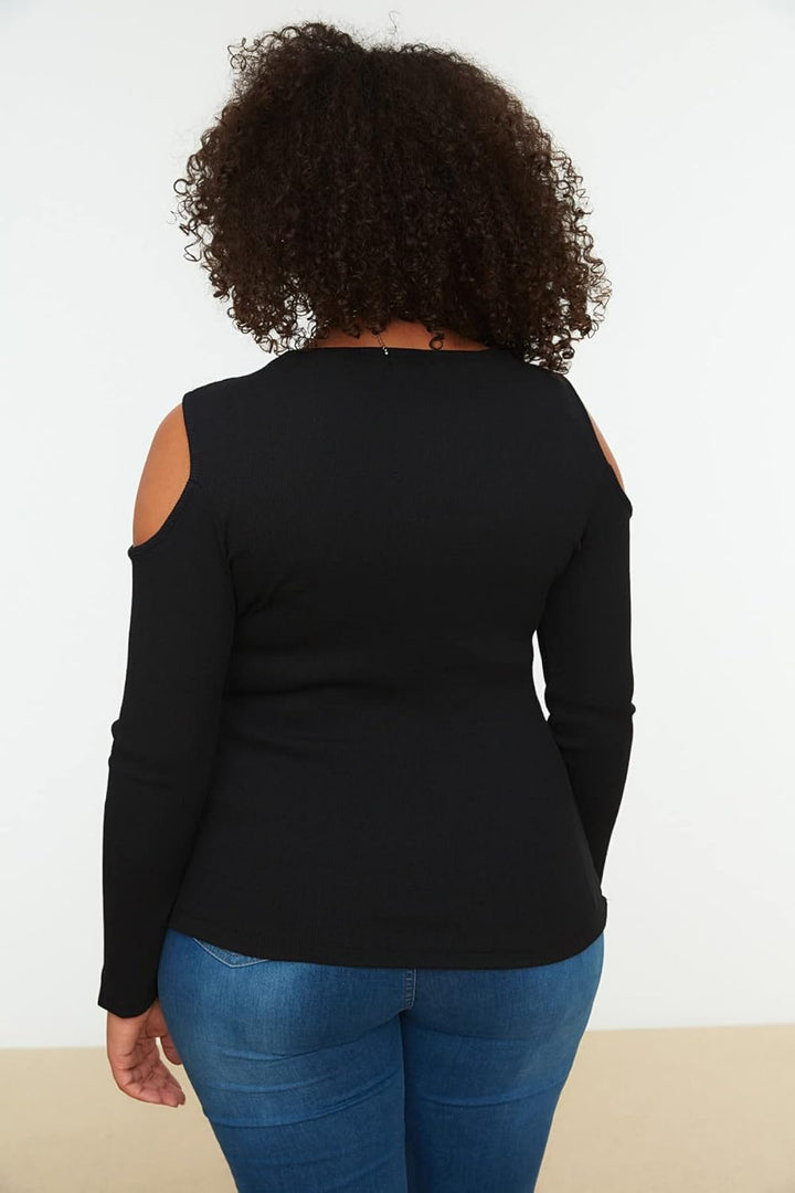 Trendyol Damen Bike Collar Neckline, Detailed Knitted Blouse T Shirt, Schwarz, 3XL Grosse Grössen EU