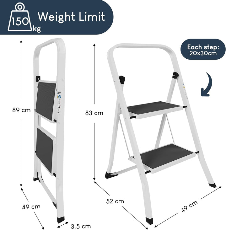 Home Vida Leiter mit 2 Stufen, Stahl, tragbar, klappbar, robust, 2 Stufen