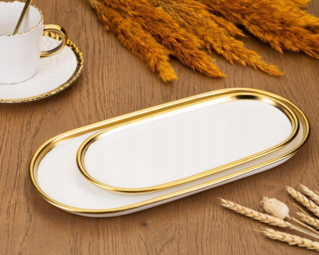 HowHomely Oval Dekotablett Lovia aus Keramik weiss 3cm x 32cm x 15,5cm