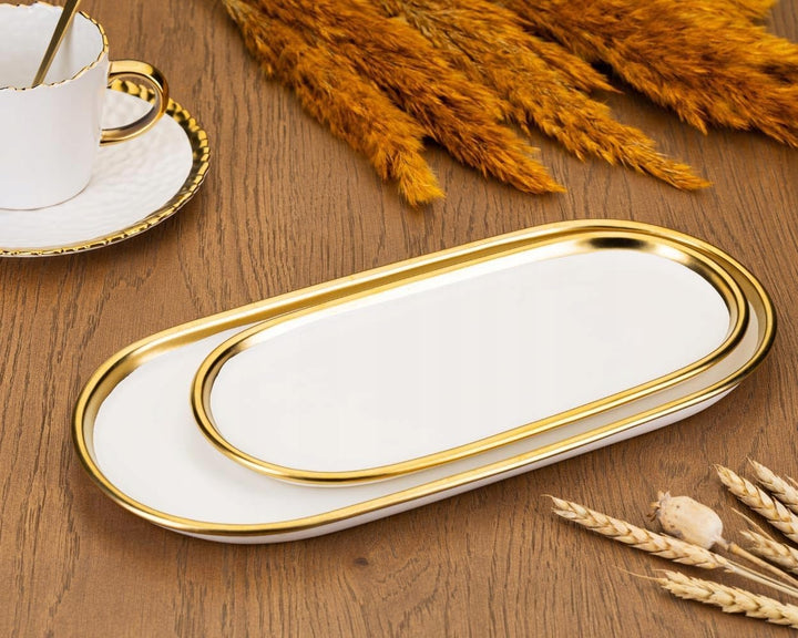 HowHomely Oval Dekotablett Lovia aus Keramik weiss 3cm x 32cm x 15,5cm