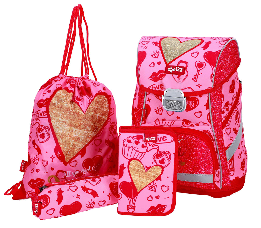 SCOOLSTAR Herz Schulranzen Set 4 tlg.Mädchen 1 Klasse Tornister Schulrucksack Schultasche für Grunds