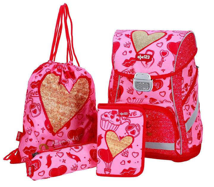 SCOOLSTAR Herz Schulranzen Set 4 tlg.Mädchen 1 Klasse Tornister Schulrucksack Schultasche für Grunds
