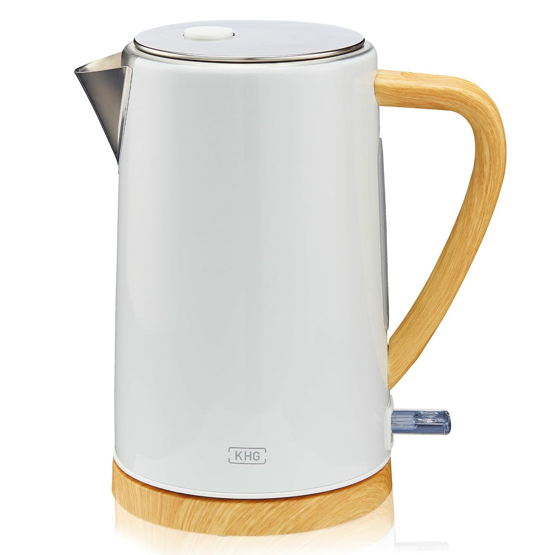 KHG Wasserkocher WK-1716 WWD weiss - holzfarbene Applikation Edelstahl 1,7 Liter, Kalkfilter, Wasser