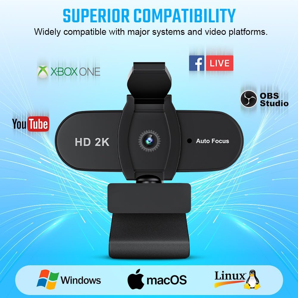 OFFCUP Full HD Webcam, 2K Webcam mit Mics Geräuschunterdrückung, USB Webcam Autofokus Streaming Kame
