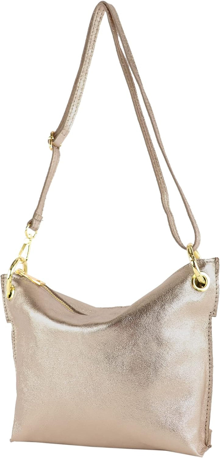 modamoda de - T243 - ital. Umhängetasche Klein Small aus Leder Altgold-metallic, Altgold-metallic
