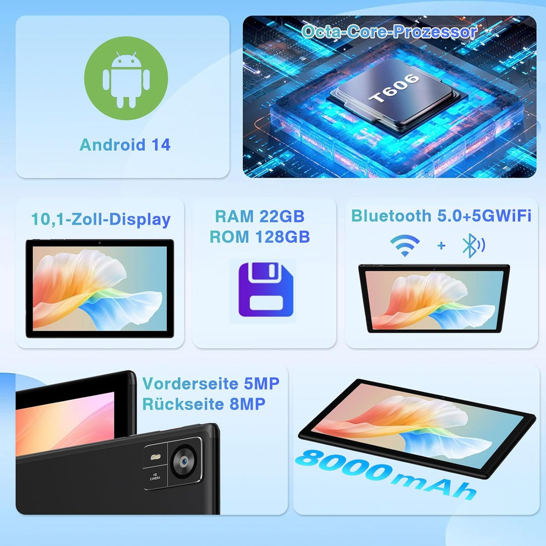 2025 Tablet 10.1 Zoll Android Octa-Core 22GB RAM+128GB ROM 1TB TF, Widevine L1,5G+2.4G WiFi, GMS,BT