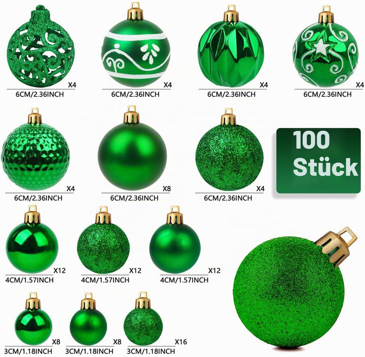 Ywlake Weihnachtskugel Ornamente Set für Weihnachtsbaum, 100-pcs Weihnachtsbaum Dekorationen Set Bru