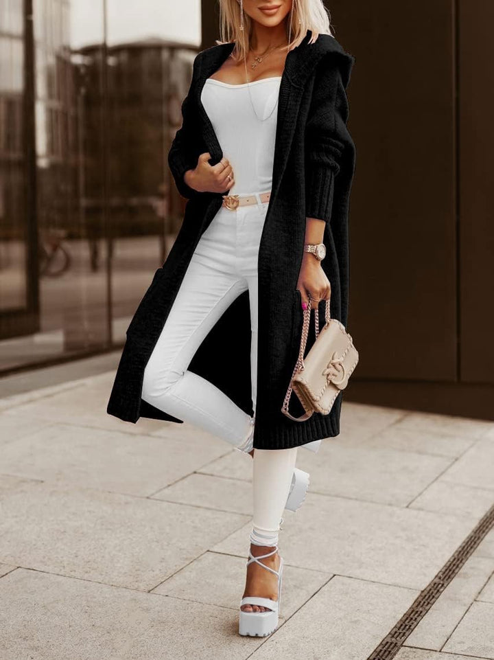 Tongmingyun Strickjacke Damen Lang Cardigan mit Kapuze Winter Grobstrickjacke Casual Lose Strickmant
