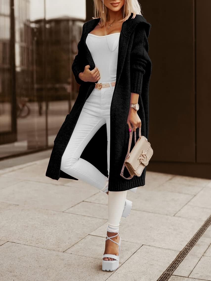 Tongmingyun Strickjacke Damen Lang Cardigan mit Kapuze Winter Grobstrickjacke Casual Lose Strickmant
