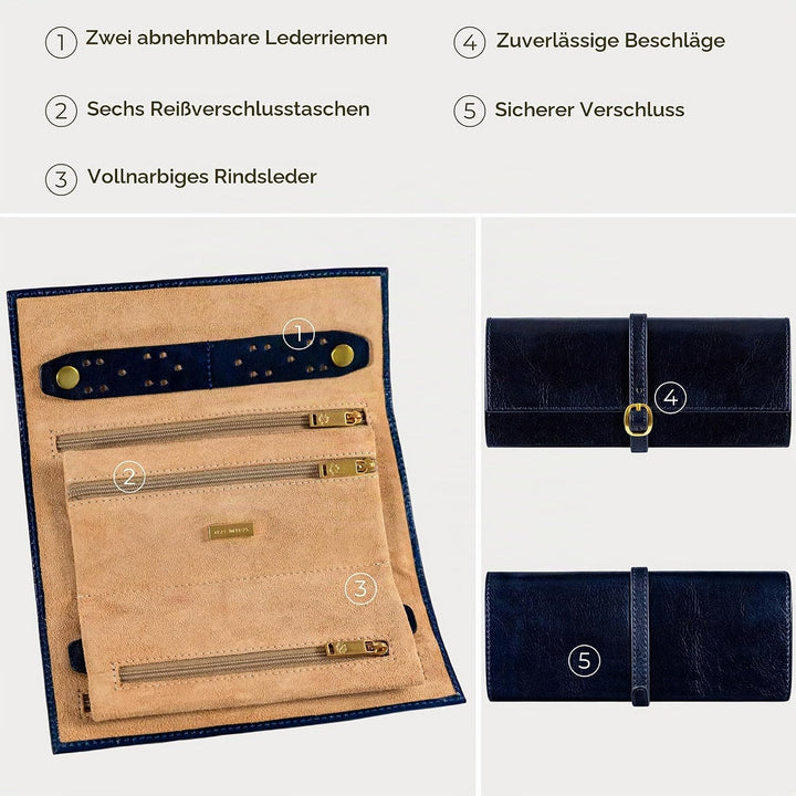 Time Resistance Blau Leder Schmuck Organizer – 100% Leder Schmuckrolle für Reisen Hergestellt in Ita