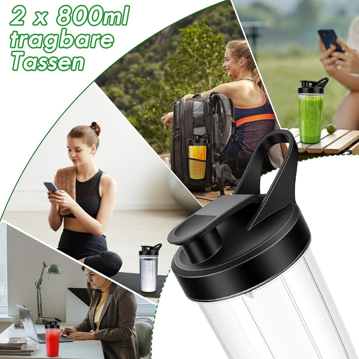 Tragbarer Mixer Smoothie Maker, 1200W Mini Smoothie Maker & Standmixer, 2 x 800ml Tragbare Mixbecher