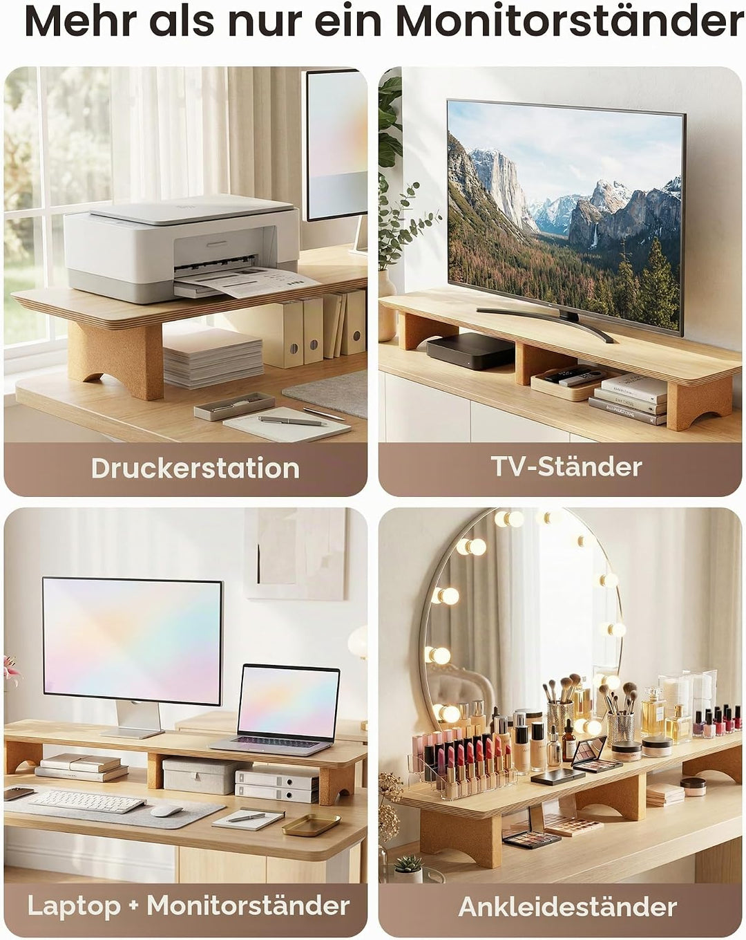 Aothia Grosser Monitor-Ständer für Computerbildschirme,Holz-Riser mit nachhaltigen Korkblockbeinen f